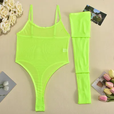 Women Fashion Solid Color Mesh Perspective Stockings Sexy Lingerie Two-Piece Set