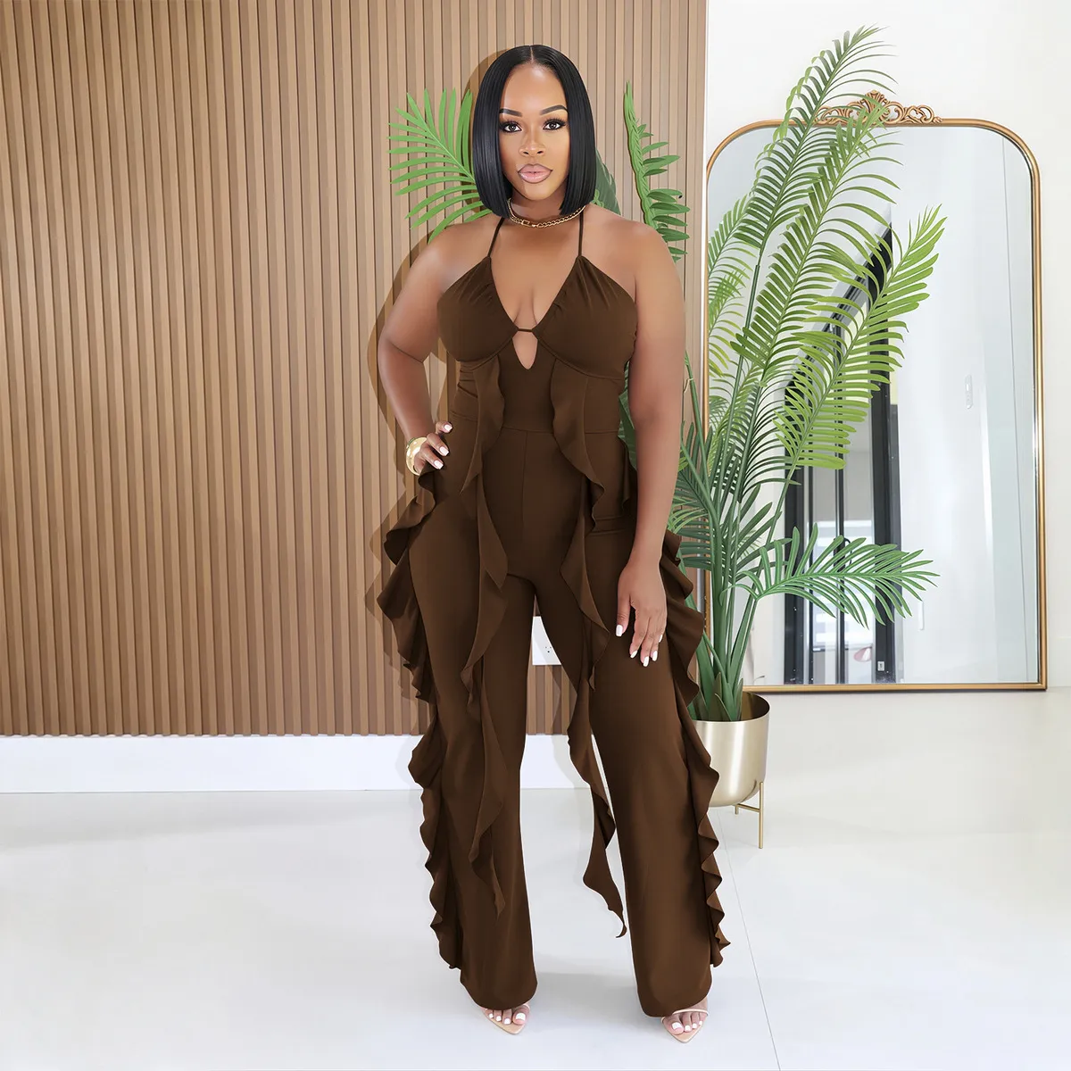 Women'S Fashion Sexy Solid Color V-Neck Halter-Neck Ruffled High Waist Wide Leg Jumpsuit