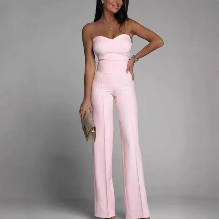 Women Fashion Sexy Spring And Summer Solid Color Tube Top Slim Straight Jumpsuits