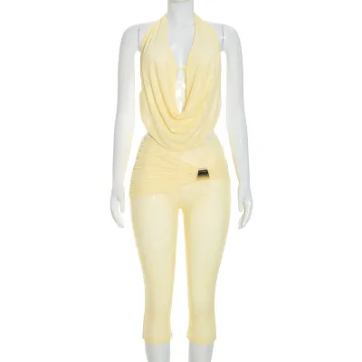 Women'S Fashion Sexy Solid Color Halter-Neck Lace-Up Backless Tight Pants Two-Piece Set