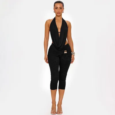Women'S Fashion Sexy Solid Color Halter-Neck Lace-Up Backless Tight Pants Two-Piece Set