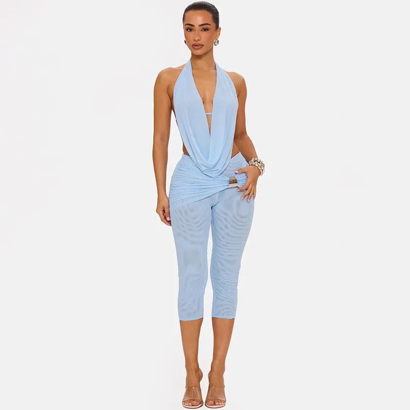 Women'S Fashion Sexy Solid Color Halter-Neck Lace-Up Backless Tight Pants Two-Piece Set