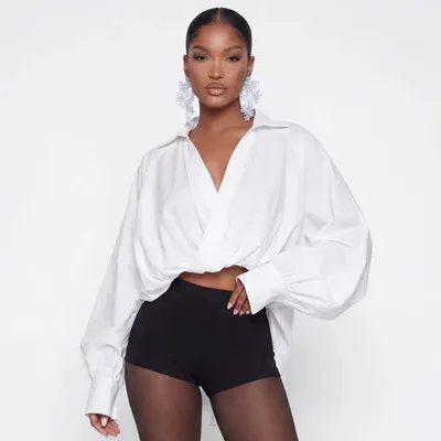 Women Fashion Autumn Solid Color Cross V-Neck Long Sleeve Loose Bubble Blouse