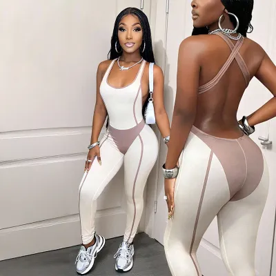 Women'S Fashion Sexy Contrast Color Stitching Sleeveless Backless Jumpsuits