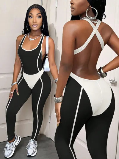 Women'S Fashion Sexy Contrast Color Stitching Sleeveless Backless Jumpsuits