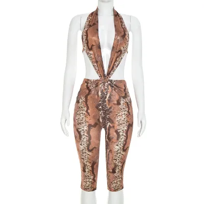 Women Fashion Sexy Snake Print Halter-Neck Backless Lace-Up Tight Jumpsuits