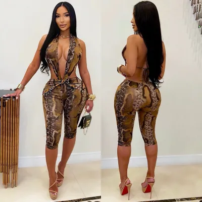 Women Fashion Sexy Snake Print Halter-Neck Backless Lace-Up Tight Jumpsuits