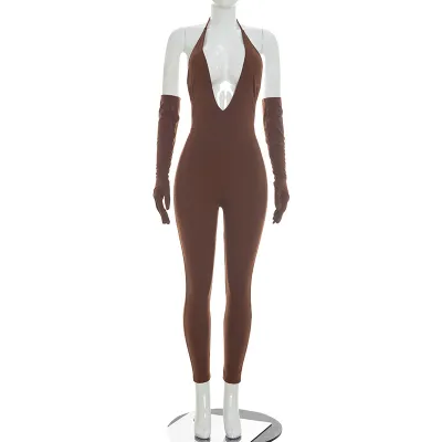 Women'S Fashion Sexy Solid Color Elegant Halter-Neck Deep V-Neck Backless Slim-Fit Jumpsuit