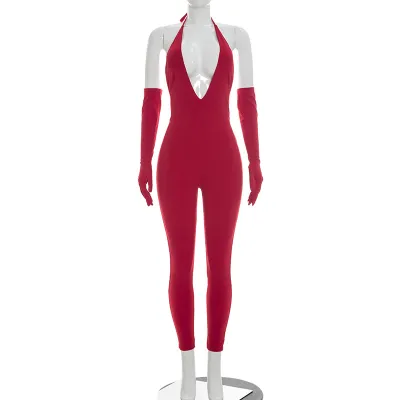 Women'S Fashion Sexy Solid Color Elegant Halter-Neck Deep V-Neck Backless Slim-Fit Jumpsuit