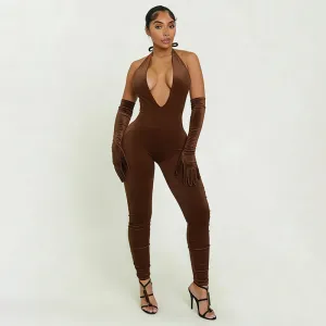Women'S Fashion Sexy Solid Color Elegant Halter-Neck Deep V-Neck Backless Slim-Fit Jumpsuit