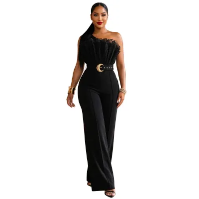 Women Fashion Elegant Solid Color Mesh Inclined Shoulder High Waist Wide Leg Jumpsuits