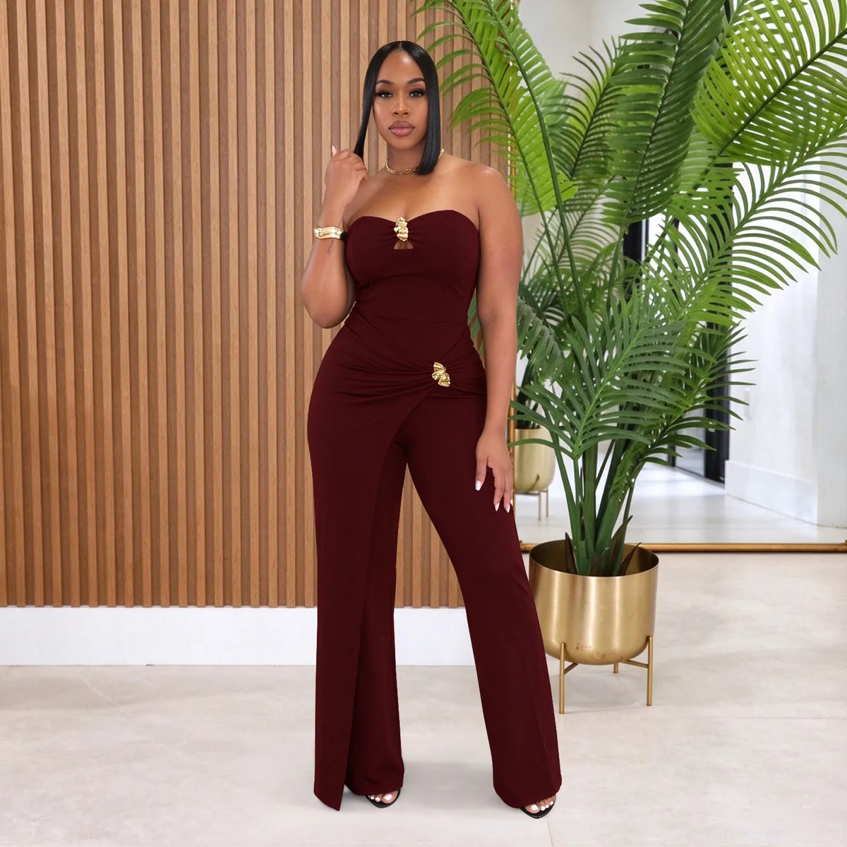 Women'S Fashion Elegant Sexy Solid Color Metal Buckle Tube Top Slim-Fit Jumpsuits