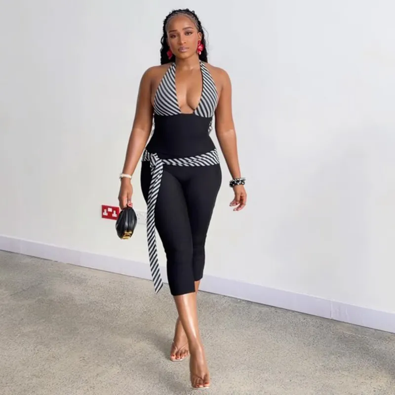 Women'S Fashion Sexy Stitching Halter-Neck V-Neck Sleeveless Slim-Fit Jumpsuit