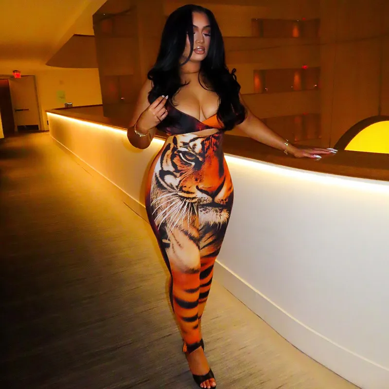 Women Fashion Sexy Tiger Printed Sleeveless Tight Jumpsuit