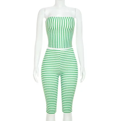 Women Fashion Sexy Summer Color Contrast Stripe Tube Top Slim Fit Cropped Pants Two-Piece Set