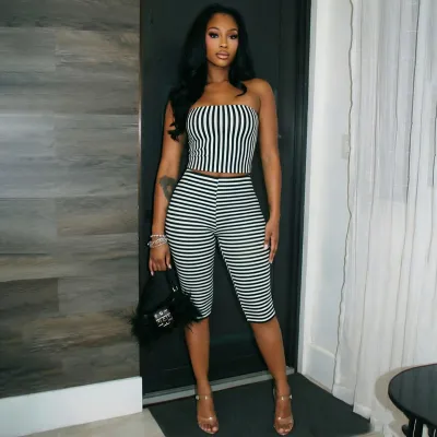 Women Fashion Sexy Summer Color Contrast Stripe Tube Top Slim Fit Cropped Pants Two-Piece Set