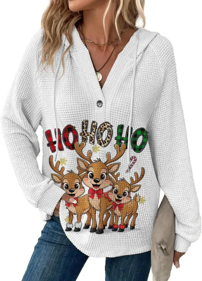 Christmas Women'S Fashion Casual Printed Waffley Long Sleeve Hoodies