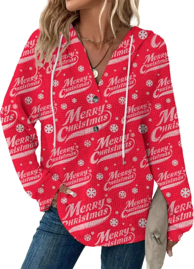 Christmas Women'S Fashion Casual Printed Waffley Long Sleeve Hoodies