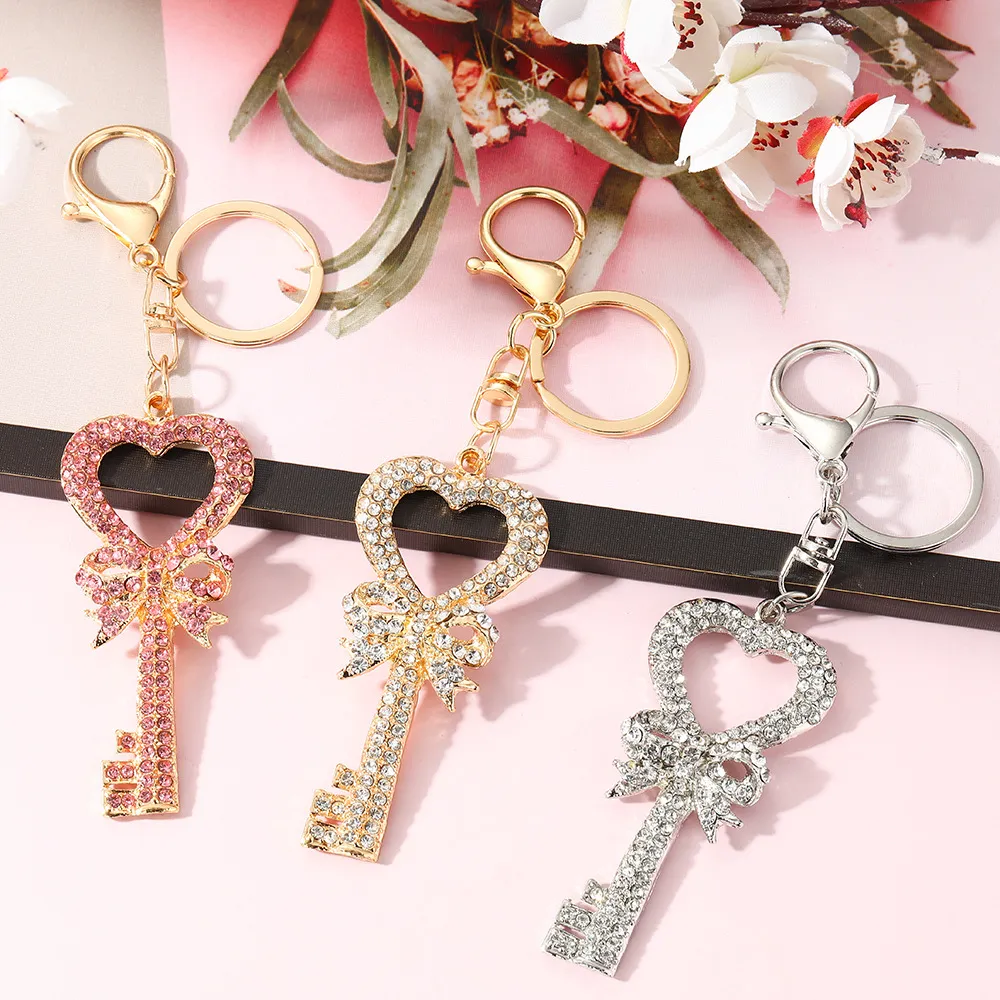 Women Fashion Rhinestone Bow Pendant Metal Keychain