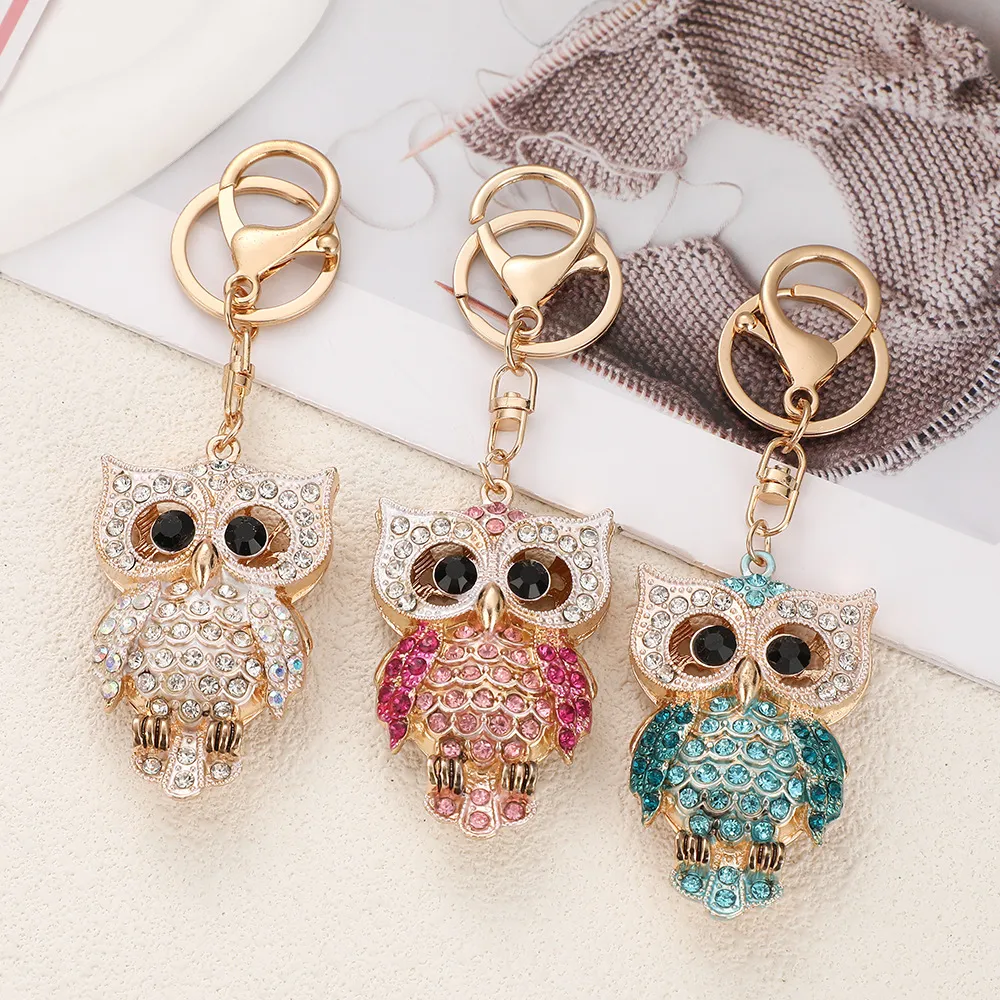 Women Fashion Cute Rhinestone Cartoon Owl Metal Keychain