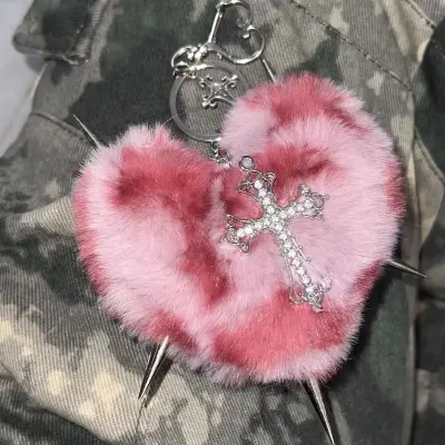 Women Fashion Punk Rivet Love Plush Liuding Bag Pendant Keychain