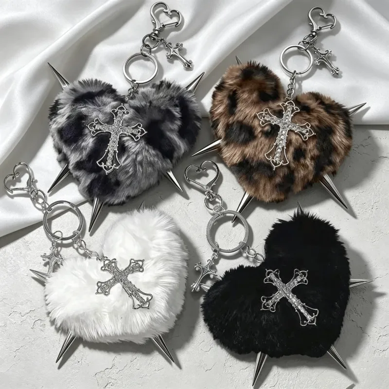 Women Fashion Punk Rivet Love Plush Liuding Bag Pendant Keychain