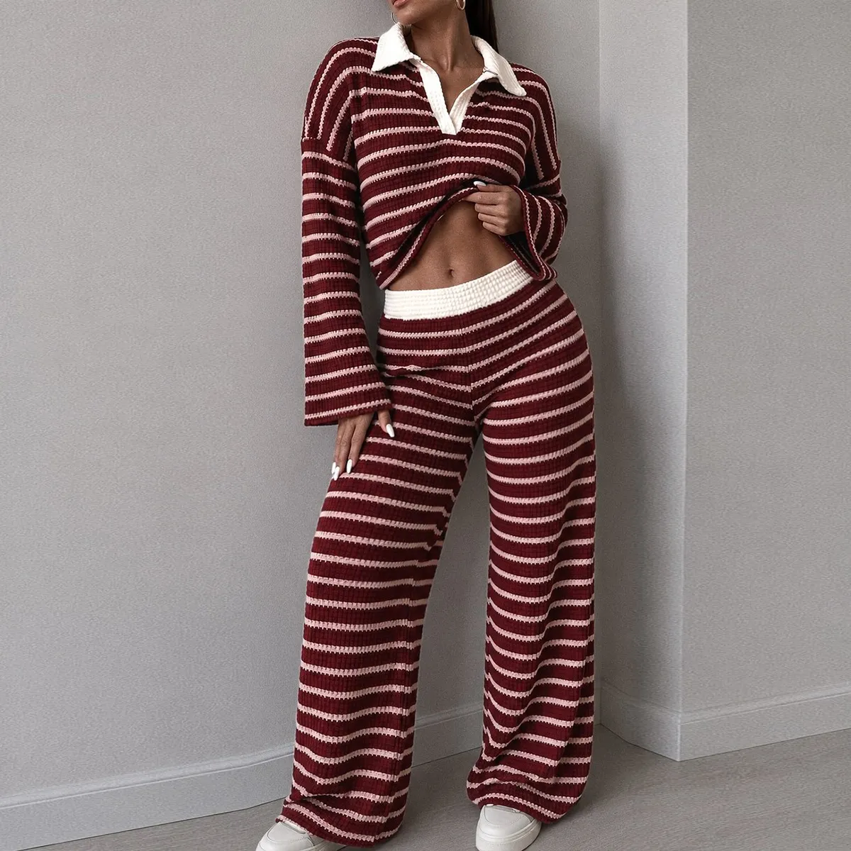 Women Fashion Casual Stripe Contrast Loose Lapel Long-Sleeve Loose Pants Two-Piece Set