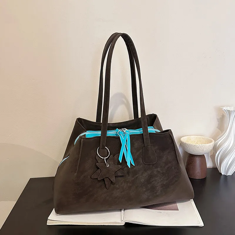 Women Fashion Retro Solid Color Large Capacity Multi-Layer Color Contrast Shoulder Bag