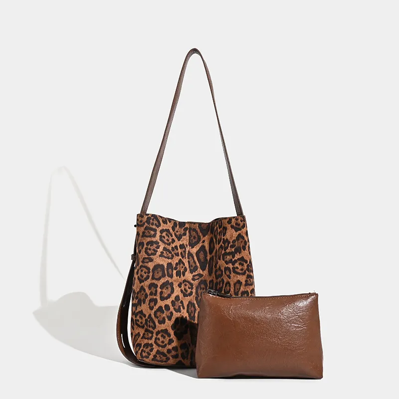 Women Fashion Casual Retro Suede Leopard Bucket Shoulder Bag Two-Piece Bag Set