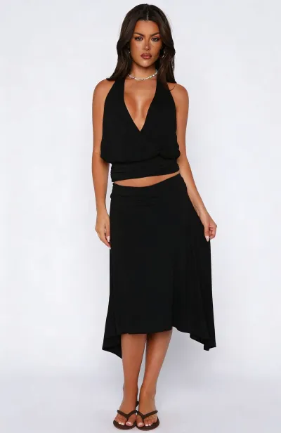 Women Fashion Elegant Solid Color Halter-Neck Backless Crop Top Midi Skirt Two-Piece Set