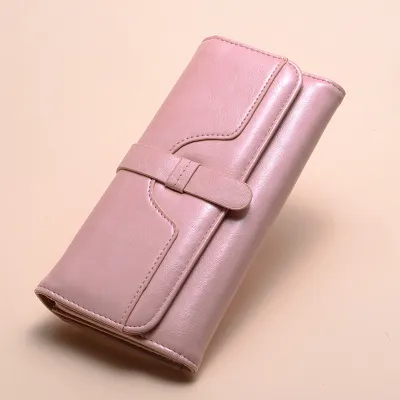 Women'S Fashion Solid Color Oil Wax Leather Three-Fold Drawstring Long Wallet