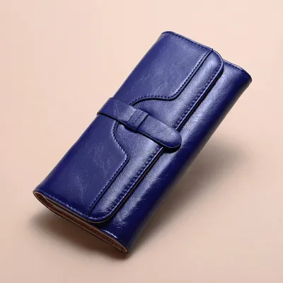 Women'S Fashion Solid Color Oil Wax Leather Three-Fold Drawstring Long Wallet