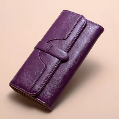 Women'S Fashion Solid Color Oil Wax Leather Three-Fold Drawstring Long Wallet