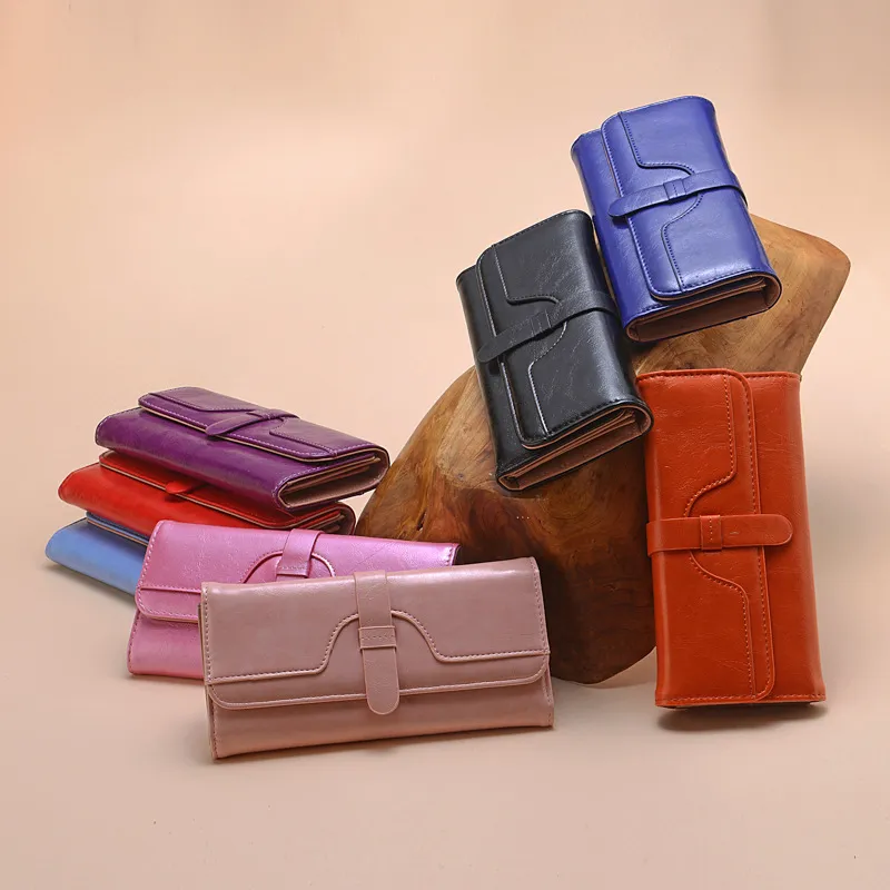 Women'S Fashion Solid Color Oil Wax Leather Three-Fold Drawstring Long Wallet