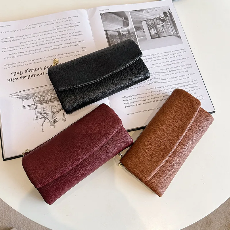 Women Fashion Casual Simple Solid Color Pu Litchi Pattern Clutch Large Capacity Soft Leather Long Wallet
