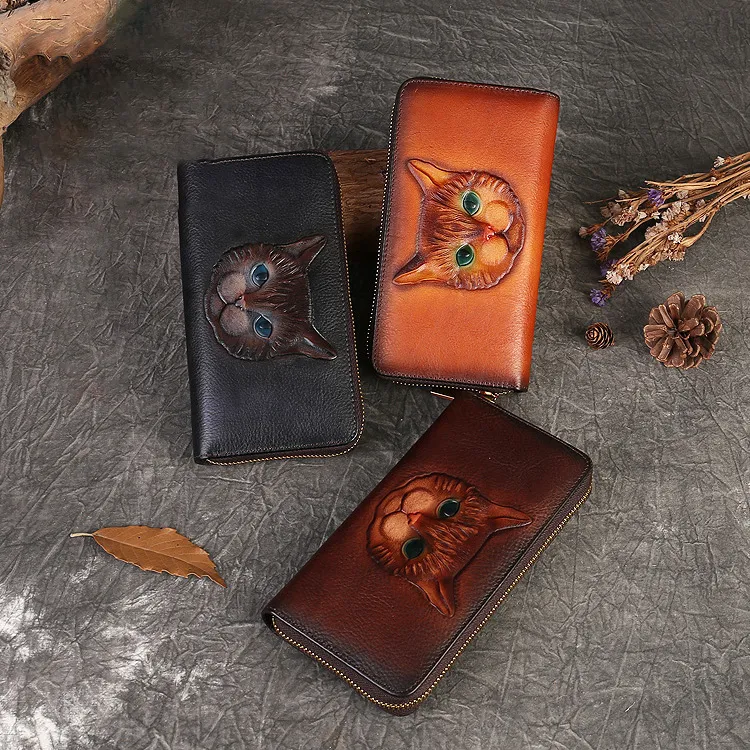 Women Fashion Casual Cat Embossed Multi Card Zipper Long Wallet