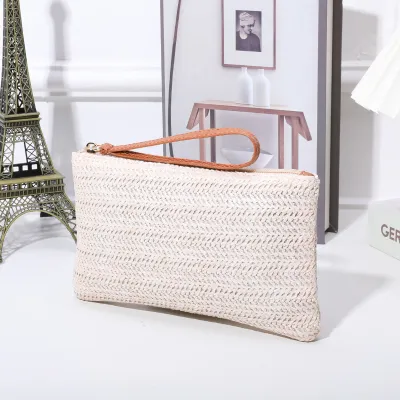 Women'S Fashion Casual Solid Color Straw Large Capacity Mid-Length Wallet