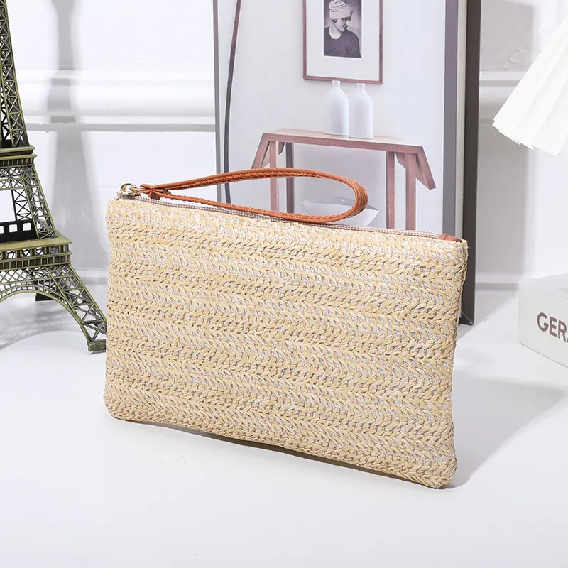 Women'S Fashion Casual Solid Color Straw Large Capacity Mid-Length Wallet