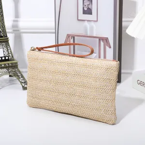 Women'S Fashion Casual Solid Color Straw Large Capacity Mid-Length Wallet