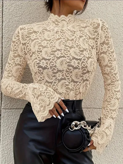 Women Fashion Sexy Solid Color Cashew Flower Lace Long-Sleeve Horn Sleeve Slim-Fit T-Shirt