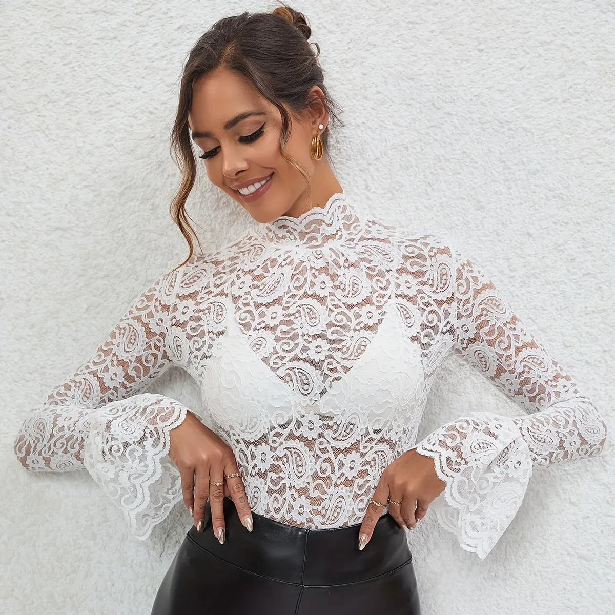 Women Fashion Sexy Solid Color Cashew Flower Lace Long-Sleeve Horn Sleeve Slim-Fit T-Shirt