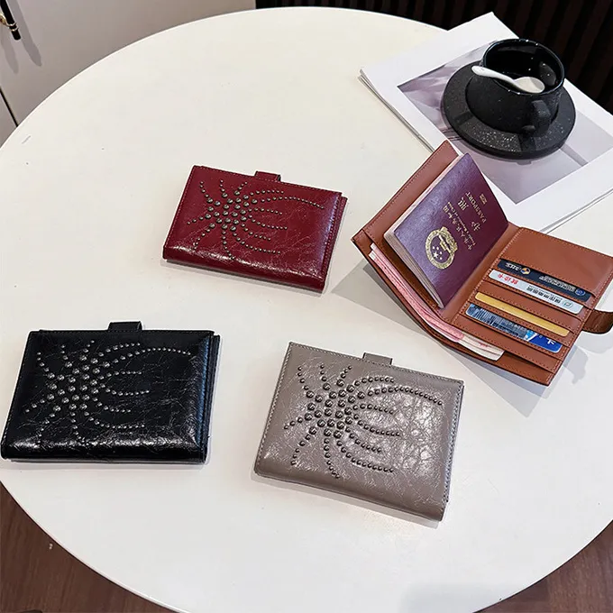 Women'S Fashion Solid Color Fireworks Rivet Passport Holder Wallet