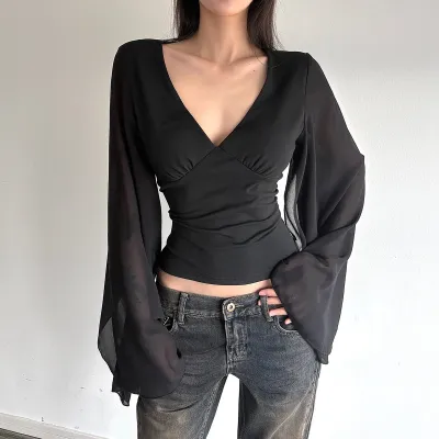 Women Fashion Casual Spring Solid Color Asymmetric Mesh Stitching Long Horn Sleeve V-Neck Slim-Fit T-Shirt