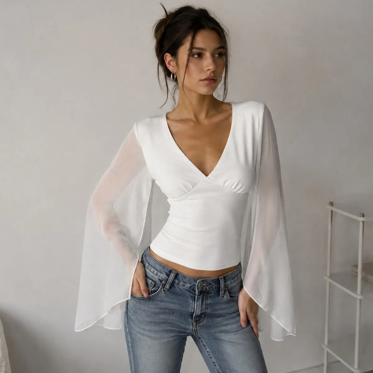 Women Fashion Casual Spring Solid Color Asymmetric Mesh Stitching Long Horn Sleeve V-Neck Slim-Fit T-Shirt