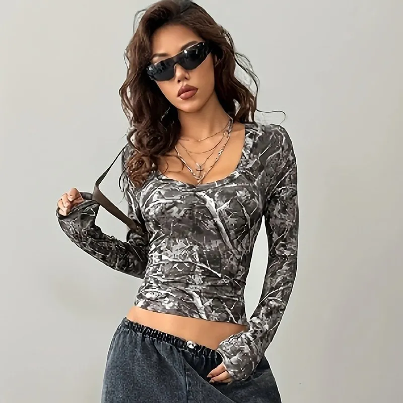 Women Fashion Digital Printed Camouflage Breathable Long-Sleeve T-Shirt