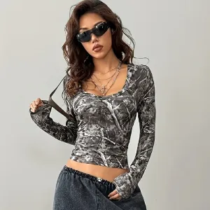 Women Fashion Digital Printed Camouflage Breathable Long-Sleeve T-Shirt