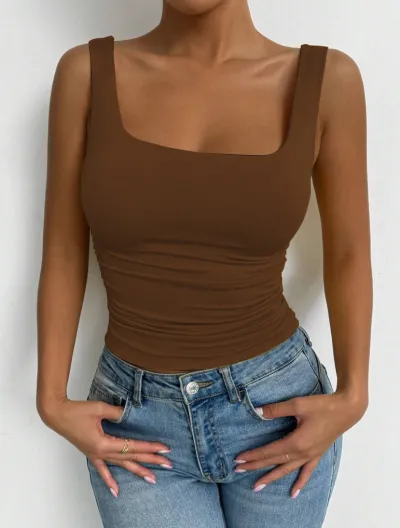 Women'S Fashion Simple Summer Solid Color Sleeveless Square Collar Tank Top