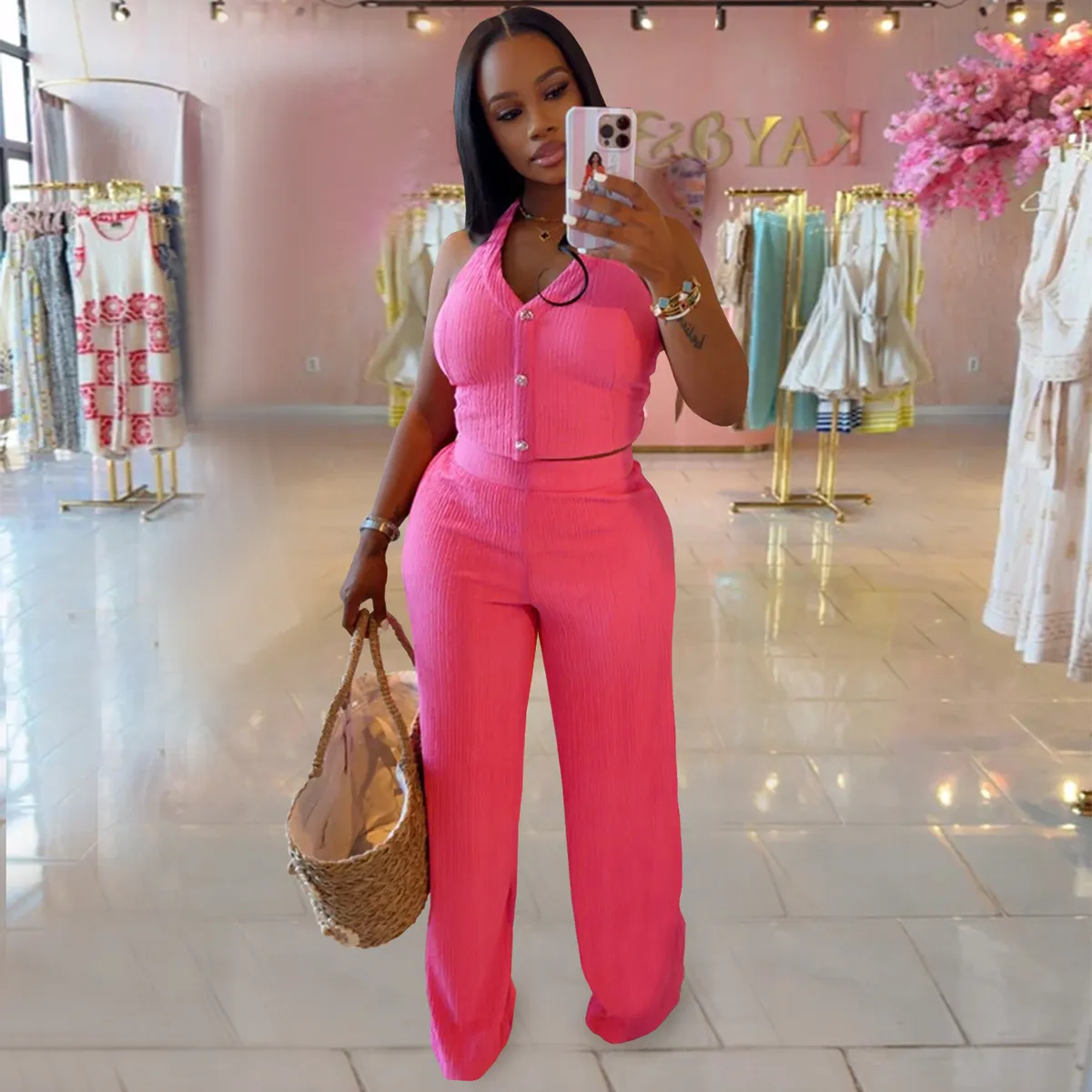 Women Fashion Casual Solid Color Hanging Neck Lace-Up Crop Top Slim Fit Pants Two-Piece Set