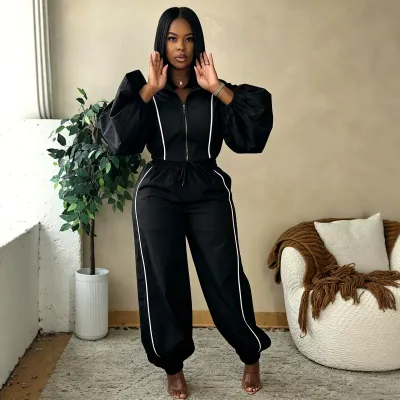 Women Fashion Casual Autumn Line Lapel Lantern Sleeve Zipper Jacket Loose Pants Two-Piece Set