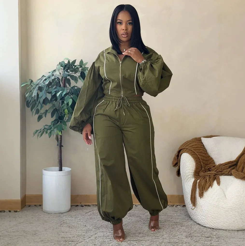 Women Fashion Casual Autumn Line Lapel Lantern Sleeve Zipper Jacket Loose Pants Two-Piece Set